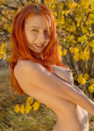 Бледно-рыжая с большими сиськами Оливия И позирует со своим обнаженным подростковым телом в редком лесу