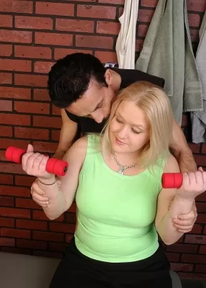 Aged blonde woman Samantha having her chubby boobs exposed by man