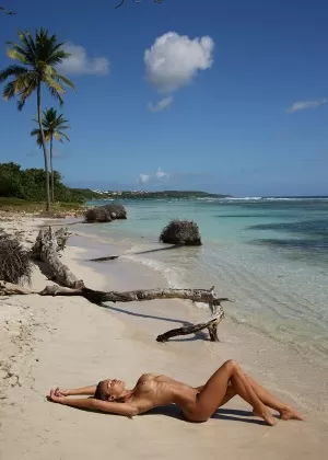 Горячая соло девушка Эмбер А принимает великолепные обнаженные позы на тропическом пляже