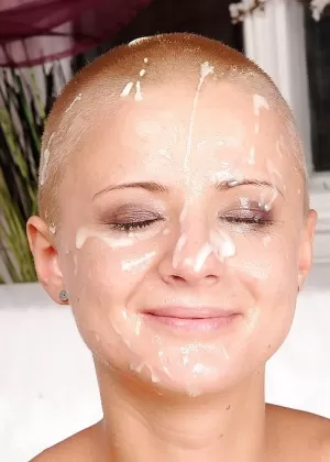 Naughty European babe fucking four men at a time and getting cumshots