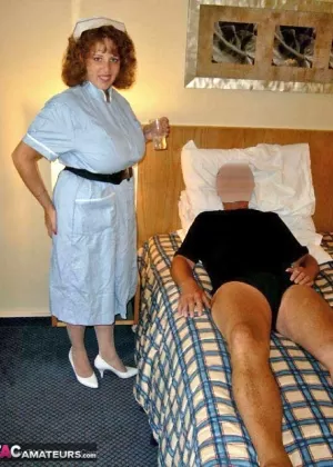 Older UK nurse Curvy Claire exposes her big tits before playing with a cock