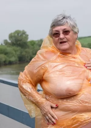 Obese British amateur Grandma Libby casts off a see-through raincoat